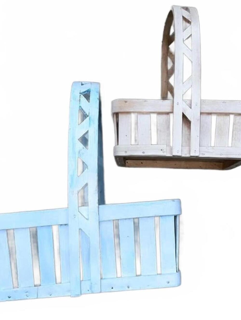 2 Wooden Berry Picking Baskets Farmhouse Cottage Blue 12X9 & White 10X8 SET